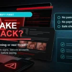 Fake hacking scam warning with fake hack alert and safe verification checklist