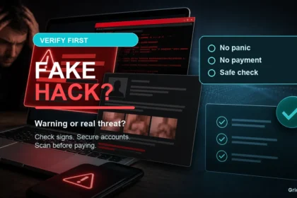 Fake hacking scam warning with fake hack alert and safe verification checklist