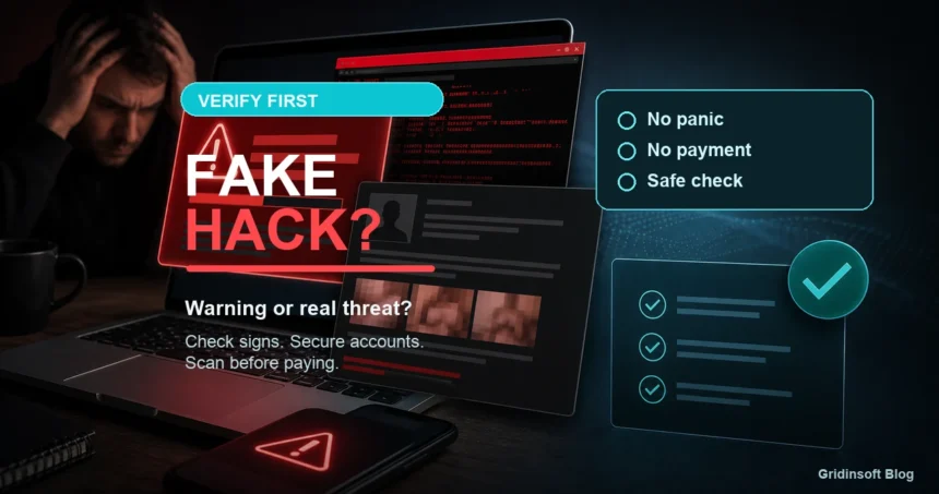 Fake hacking scam warning with fake hack alert and safe verification checklist