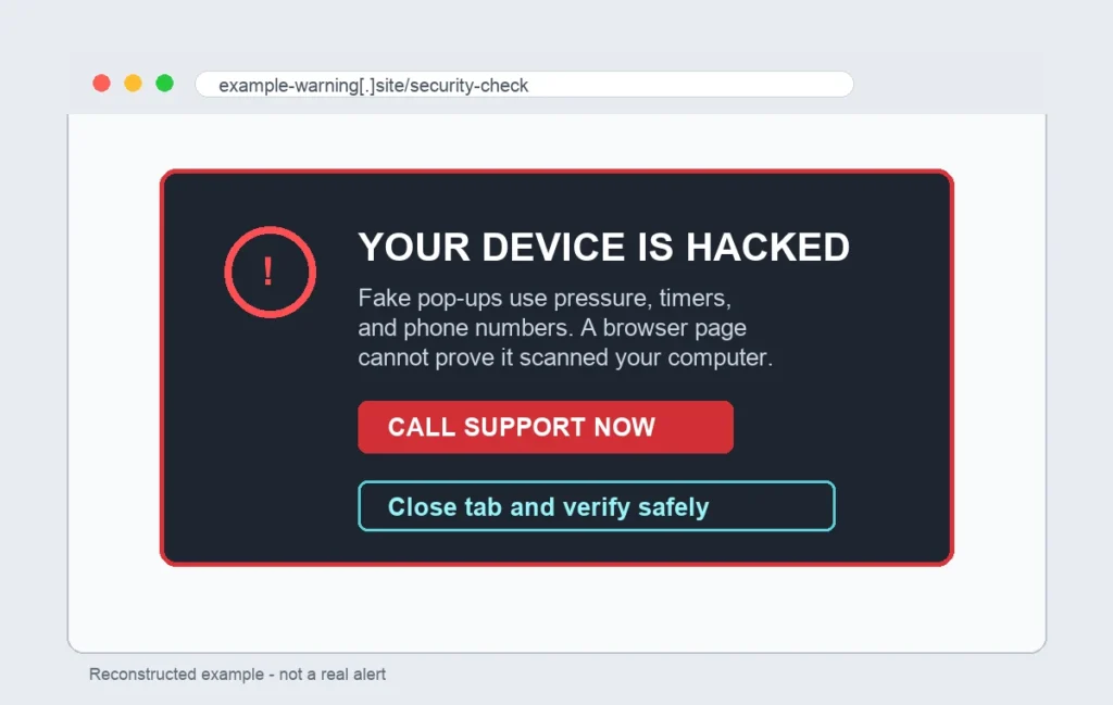 Reconstructed browser pop-up claiming the device is hacked.