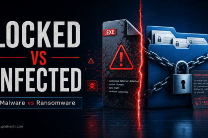 Editorial comparison of malware infection and ransomware file locking.