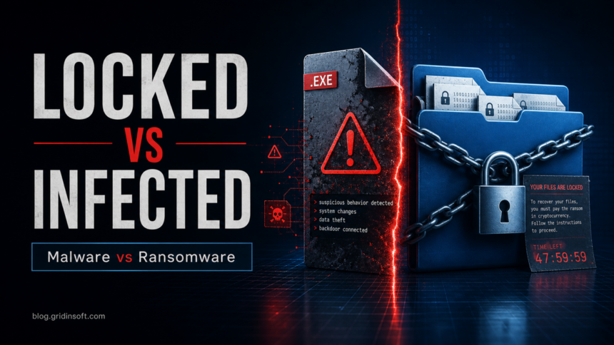 Editorial comparison of malware infection and ransomware file locking.