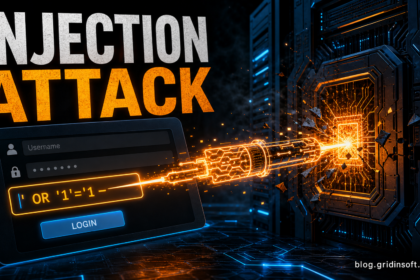 Injection attack breaking through a login form into a server with blog.gridinsoft.com signature