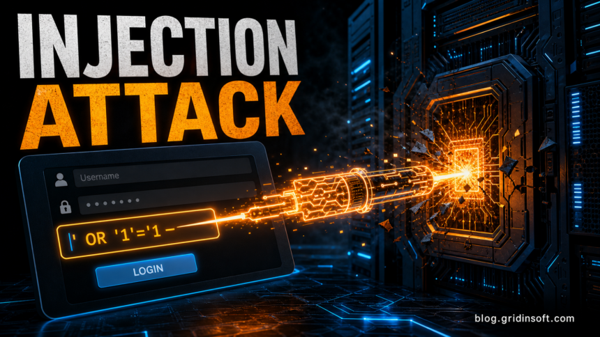 Injection attack breaking through a login form into a server with blog.gridinsoft.com signature