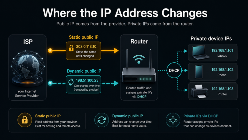 Diagram showing an ISP assigning static or dynamic public IP addresses and a router assigning private IPs by DHCP.