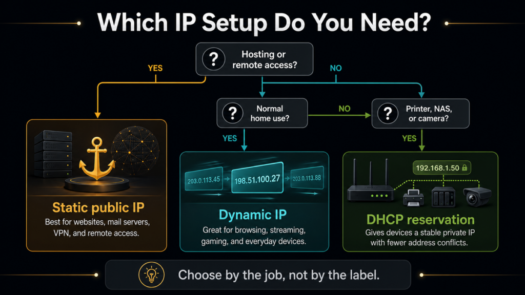 Decision flow for choosing static public IP, dynamic IP, or DHCP reservation.