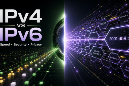 IPv4 vs IPv6 poster with IPv4 and IPv6 address paths, speed, security, and privacy.