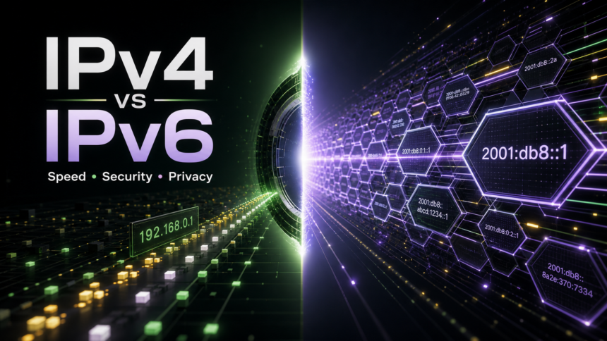 IPv4 vs IPv6: Speed, Security, Privacy, and Key Differences 1 IPv4 vs IPv6 poster with IPv4 and IPv6 address paths, speed, security, and privacy.