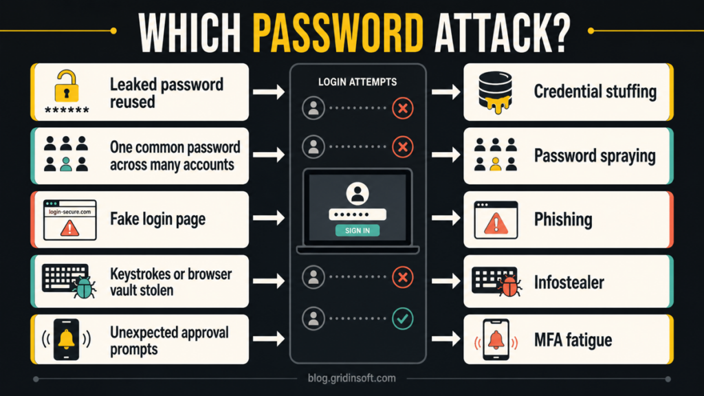 Diagram mapping password attack warning signs to the likely attack type.