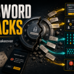 Password attacks poster showing phishing, credential reuse, spraying, infostealer theft, and MFA fatigue.