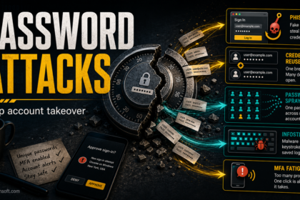 Password attacks poster showing phishing, credential reuse, spraying, infostealer theft, and MFA fatigue.
