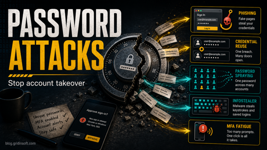 Password attacks poster showing phishing, credential reuse, spraying, infostealer theft, and MFA fatigue.
