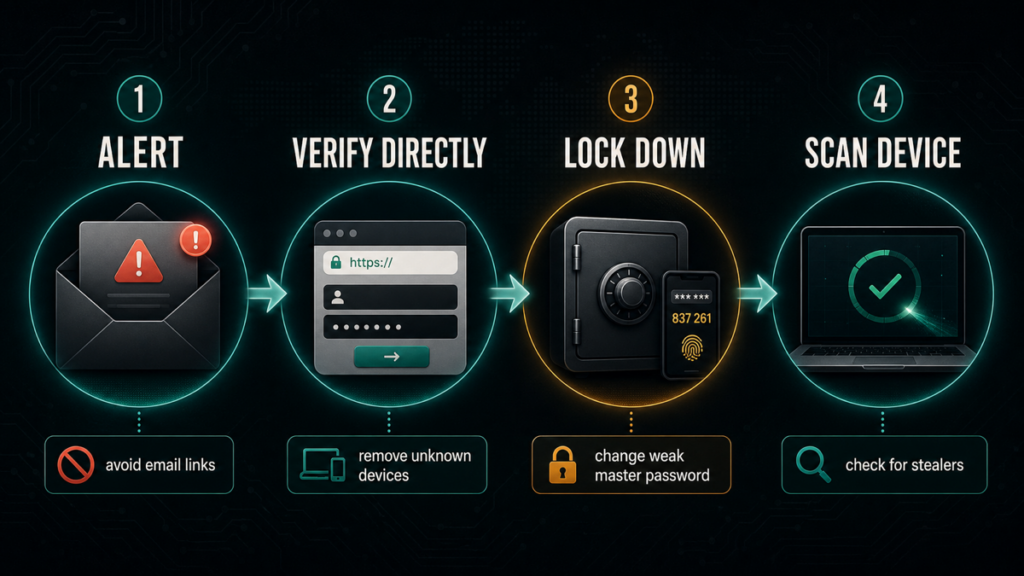 Password manager security alert response flow: alert, verify directly, lock down, and scan device.