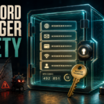 Password manager safety illustration with an encrypted vault, master key, MFA codes, passkey approval, and phishing risk.