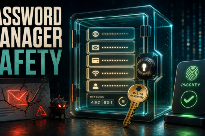 Password manager safety illustration with an encrypted vault, master key, MFA codes, passkey approval, and phishing risk.
