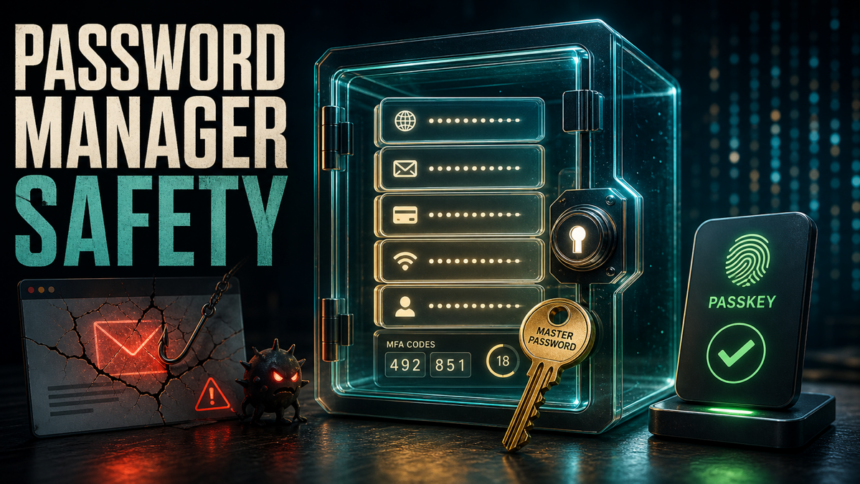 Password manager safety illustration with an encrypted vault, master key, MFA codes, passkey approval, and phishing risk.