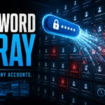 Password spray attack poster showing one password sprayed across many accounts