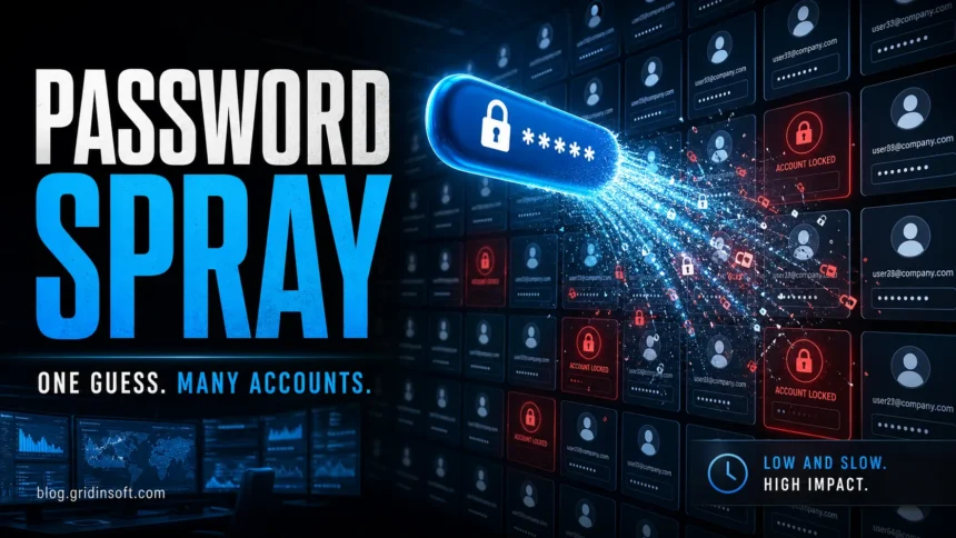Password spray attack poster showing one password sprayed across many accounts