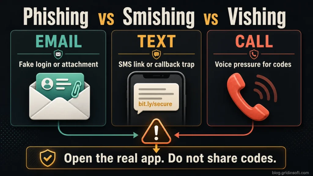 Diagram comparing phishing email, smishing text, and vishing call attacks.