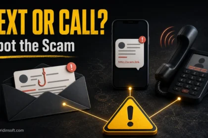 Text or Call scam warning showing email, text message, and phone phishing channels.