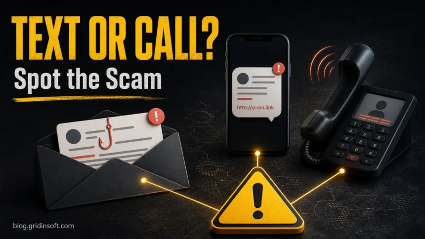 Text or Call scam warning showing email, text message, and phone phishing channels.