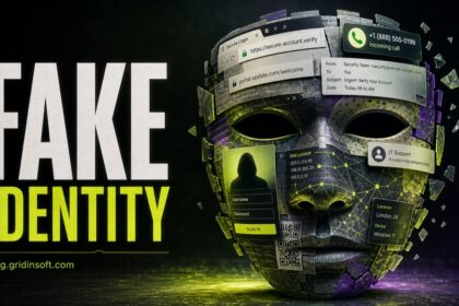 Fake identity mask made from spoofed email, caller ID, website, DNS, and QR code signals.