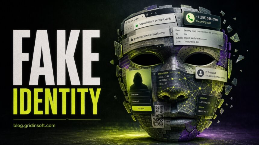 Fake identity mask made from spoofed email, caller ID, website, DNS, and QR code signals.