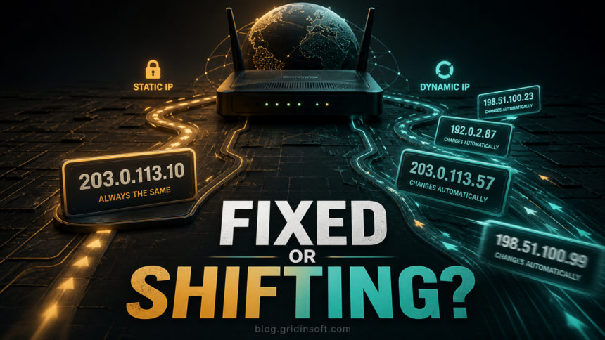 A fixed IP address path compared with automatically changing dynamic IP addresses.