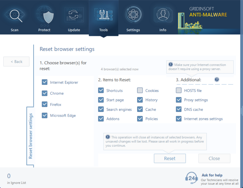 GridinSoft Anti-Malware browser reset tool interface