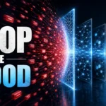 Stop the Flood editorial poster showing DDoS traffic blocked before it reaches a server.