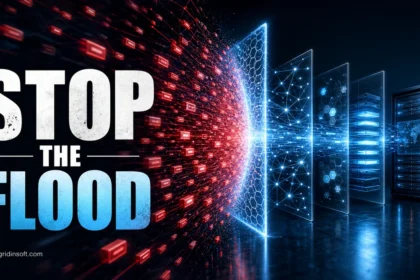 Stop the Flood editorial poster showing DDoS traffic blocked before it reaches a server.