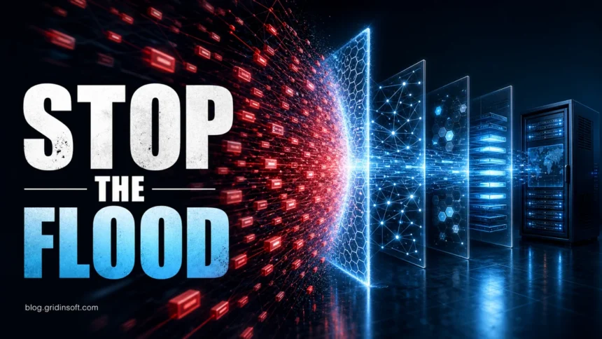 How to Prevent DDoS Attacks 1 Stop the Flood editorial poster showing DDoS traffic blocked before it reaches a server.