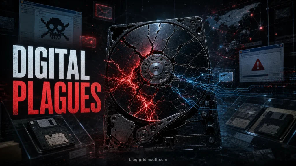Digital Plagues poster with cracked hard drive and malware warning visuals.