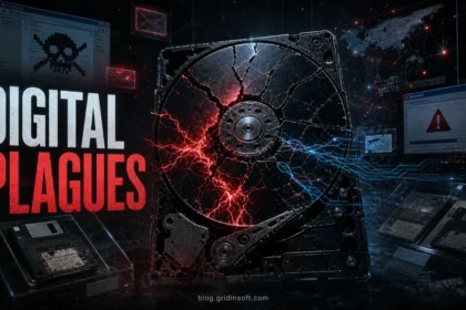 Digital Plagues poster with cracked hard drive and malware warning visuals.