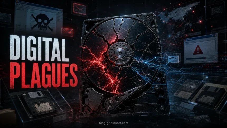 Deadliest Computer Viruses 1 Digital Plagues poster with cracked hard drive and malware warning visuals.