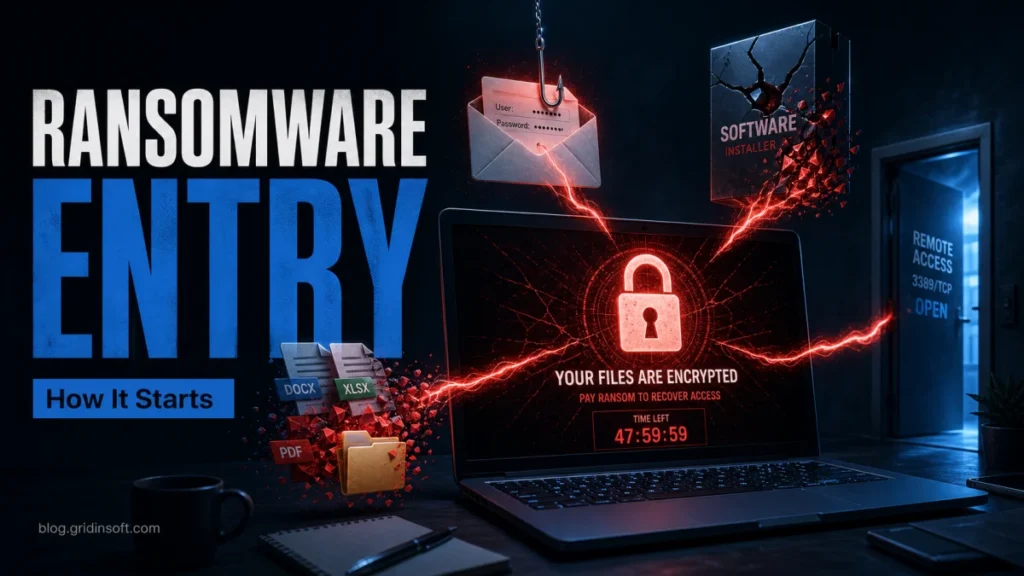 Ransomware entry paths leading to encrypted files on a laptop.