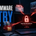 Ransomware entry paths leading to encrypted files on a laptop.