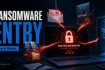 Ransomware entry paths leading to encrypted files on a laptop.