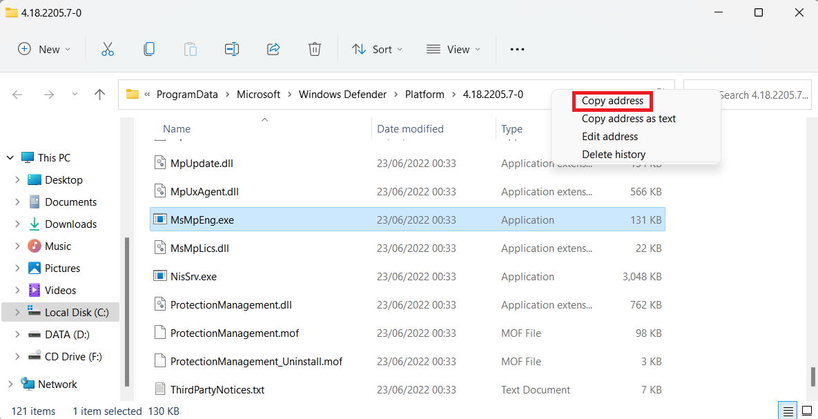 Antimalware Service Executable 7 MsMpEng copy path