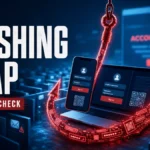 Phishing scam signs illustration with account-locked warning, fake login screens, QR codes, and a phishing hook.