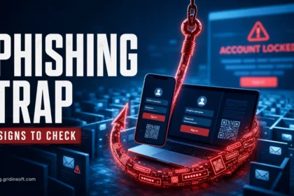 Phishing scam signs illustration with account-locked warning, fake login screens, QR codes, and a phishing hook.
