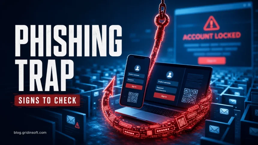 Phishing scam signs illustration with account-locked warning, fake login screens, QR codes, and a phishing hook.
