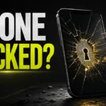 Phone hacked warning with fingerprint keyhole and account access alerts.