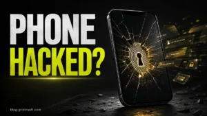 Phone hacked warning with fingerprint keyhole and account access alerts.