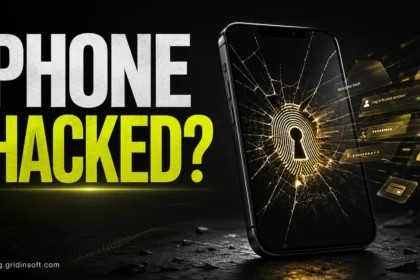 Phone hacked warning with fingerprint keyhole and account access alerts.