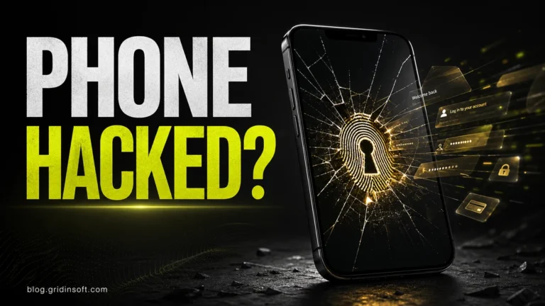 Phone hacked warning with fingerprint keyhole and account access alerts.