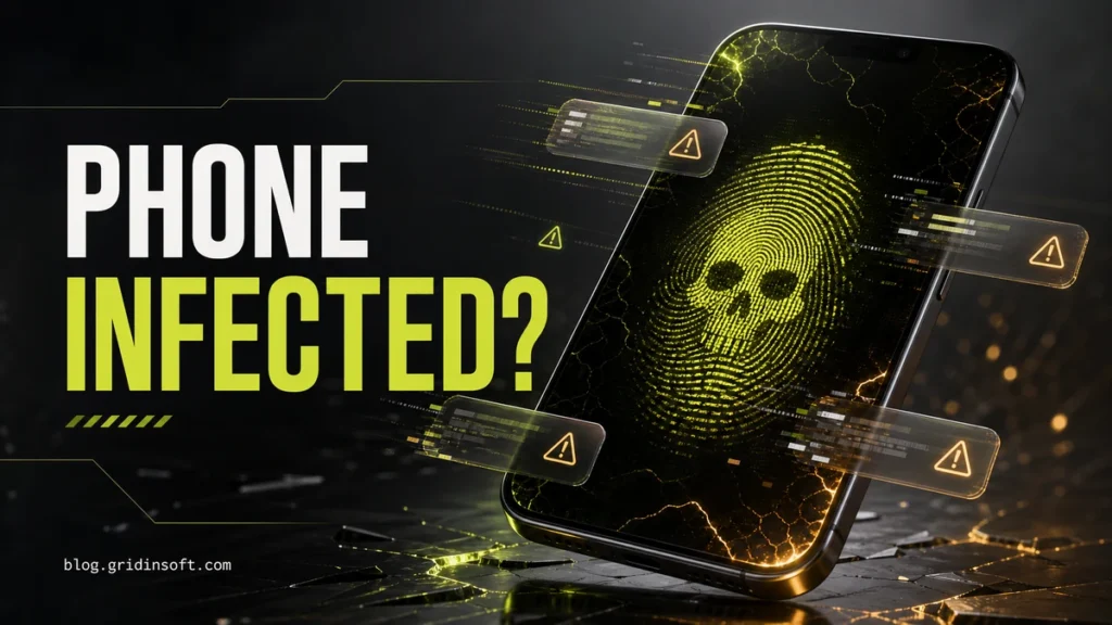 Phone infected warning with malware fingerprint and mobile security alerts.