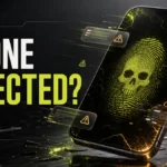 Phone infected warning with malware fingerprint and mobile security alerts.