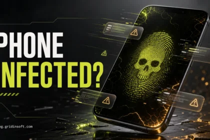 Phone infected warning with malware fingerprint and mobile security alerts.