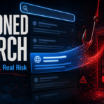 Editorial poster reading Poisoned Search, with a search result pulled into a phishing login trap.